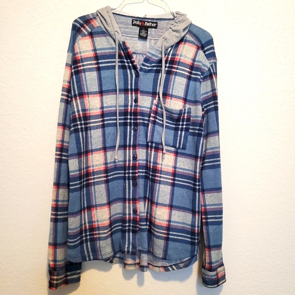 Flannel button down tunic with hoodie - Picture 1 of 2